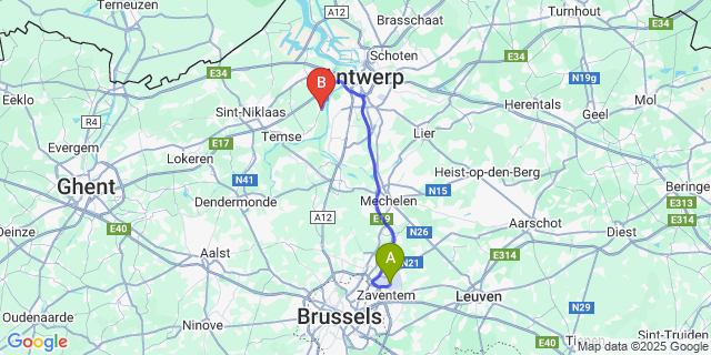 Map: Brussels Zaventem Airport (BRU) to Kruibeke