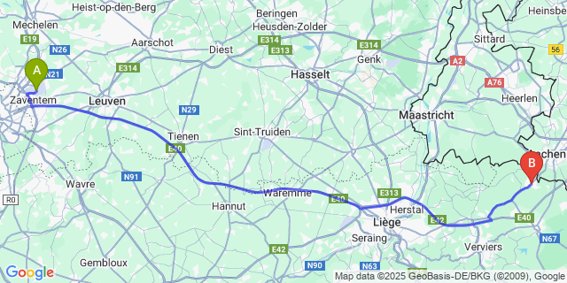 Map: Brussels Zaventem Airport (BRU) to La Calamine