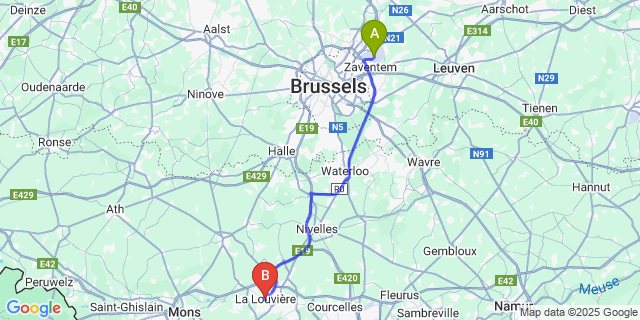 Map: Brussels Zaventem Airport (BRU) to La Louvière