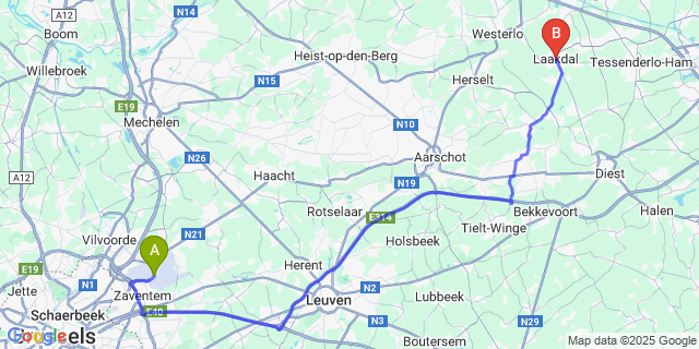 Map: Brussels Zaventem Airport (BRU) to Laakdal