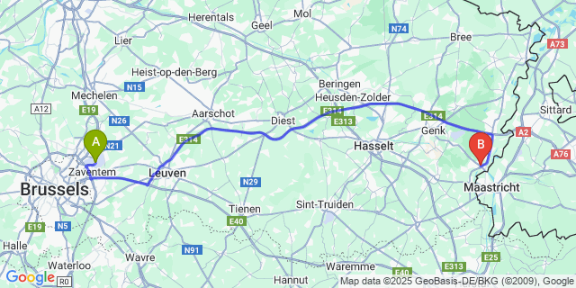 Map: Brussels Zaventem Airport (BRU) to Lanaken