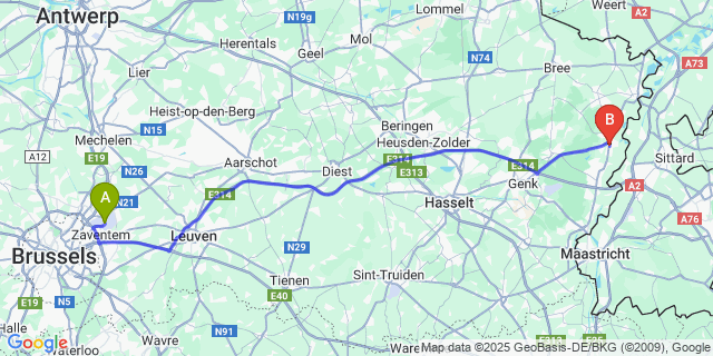 Map: Brussels Zaventem Airport (BRU) to Lanklaar