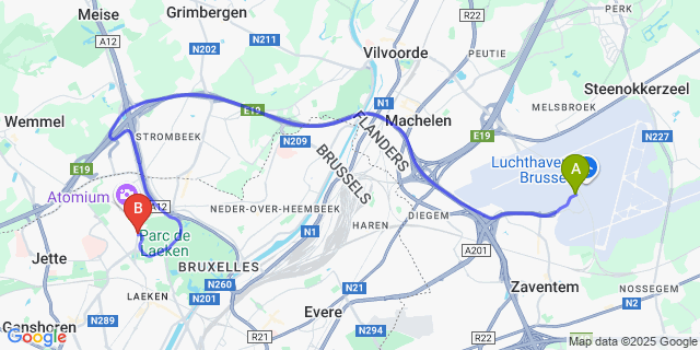 Map: Brussels Zaventem Airport (BRU) to Le Centenaire Apparthotel Hotel, Brussels