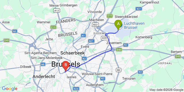 Map: Brussels Zaventem Airport (BRU) to Le Louise Hotel Brussels - MGallery Collection