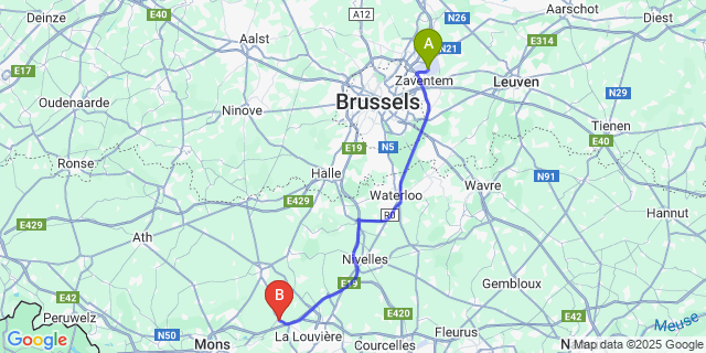 Map: Brussels Zaventem Airport (BRU) to Le Roeulx