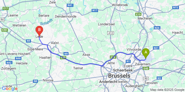 Map: Brussels Zaventem Airport (BRU) to Lede