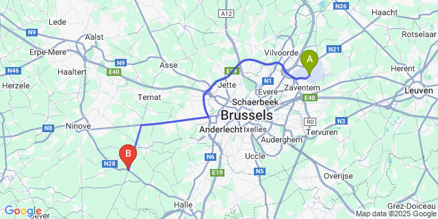 Map: Brussels Zaventem Airport (BRU) to Leerbeek