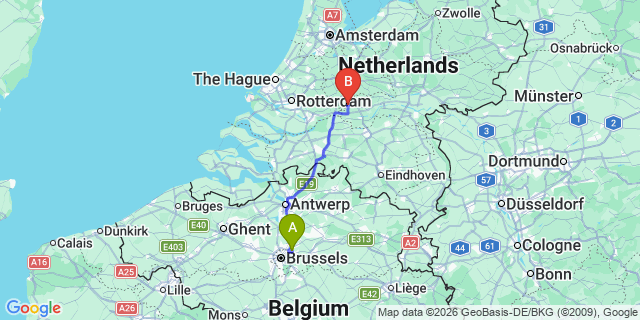 Map: Brussels Zaventem Airport (BRU) to Leerdam