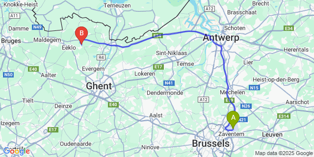Map: Brussels Zaventem Airport (BRU) to Lembeke