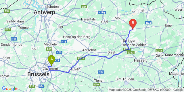 Map: Brussels Zaventem Airport (BRU) to Leopoldsburg