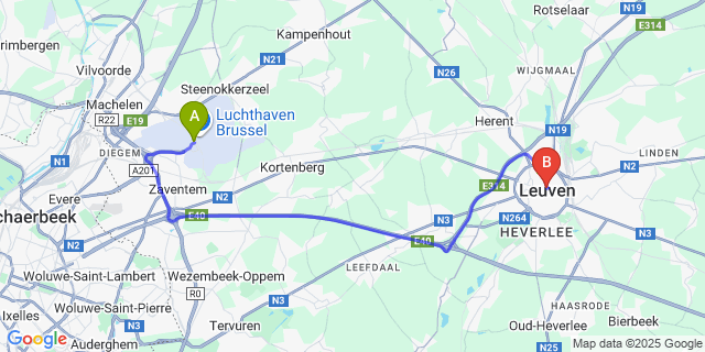 Map: Brussels Zaventem Airport (BRU) to Leuven