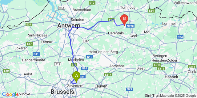 Map: Brussels Zaventem Airport (BRU) to Lichtaart