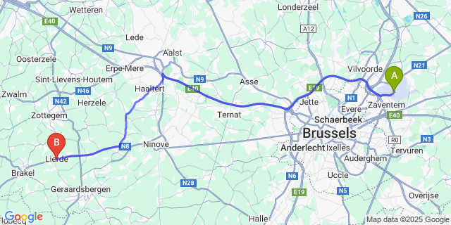 Map: Brussels Zaventem Airport (BRU) to Lierde