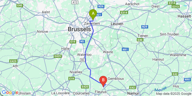 Map: Brussels Zaventem Airport (BRU) to Ligny