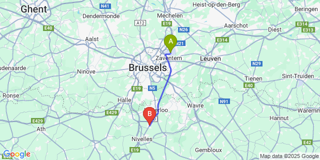 Map: Brussels Zaventem Airport (BRU) to Lillois-Witterzee
