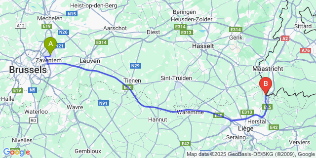 Map: Brussels Zaventem Airport (BRU) to Lixhe