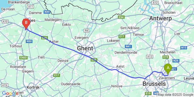 Map: Brussels Zaventem Airport (BRU) to Loppem