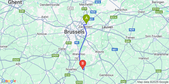 Map: Brussels Zaventem Airport (BRU) to Loupoigne