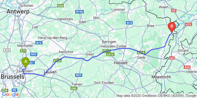 Map: Brussels Zaventem Airport (BRU) to Maaseik