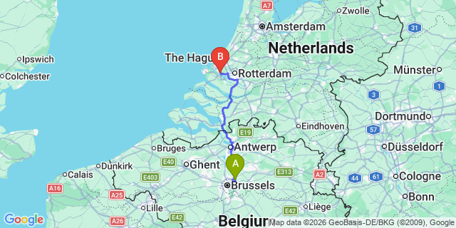 Map: Brussels Zaventem Airport (BRU) to Maassluis