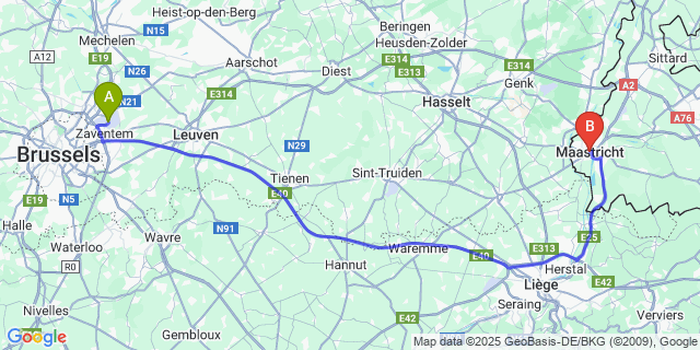 Map: Brussels Zaventem Airport (BRU) to Maastricht