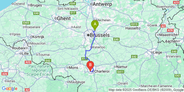 Map: Brussels Zaventem Airport (BRU) to Marchienne-Au-Pont