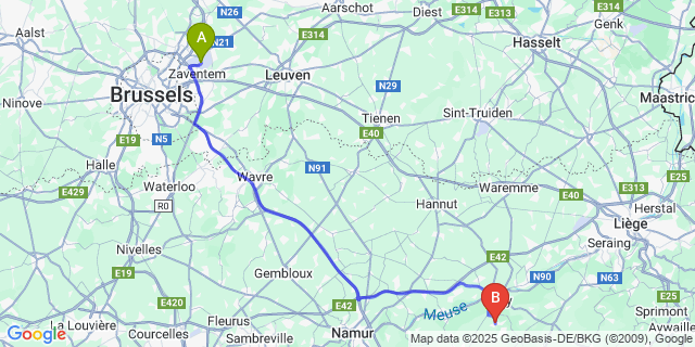 Map: Brussels Zaventem Airport (BRU) to Marchin