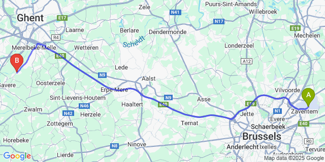 Map: Brussels Zaventem Airport (BRU) to Melsen