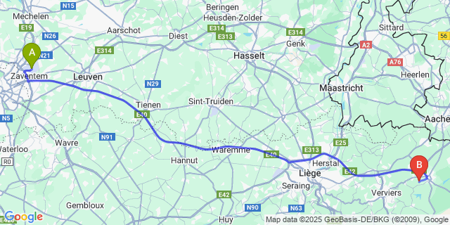 Map: Brussels Zaventem Airport (BRU) to Membach