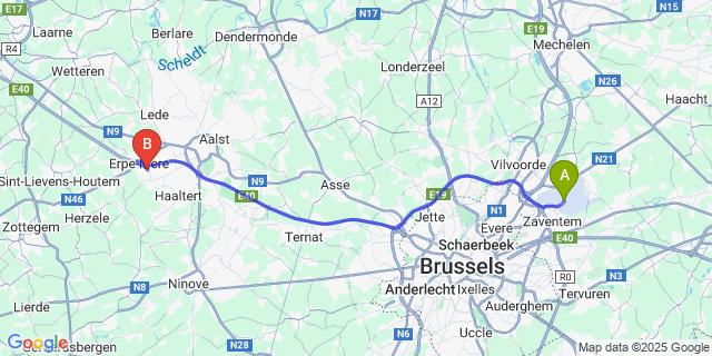 Map: Brussels Zaventem Airport (BRU) to Mere