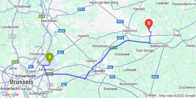 Map: Brussels Zaventem Airport (BRU) to Messelbroek