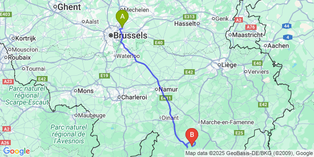 Map: Brussels Zaventem Airport (BRU) to Mirwart