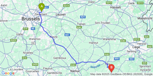 Map: Brussels Zaventem Airport (BRU) to Modave