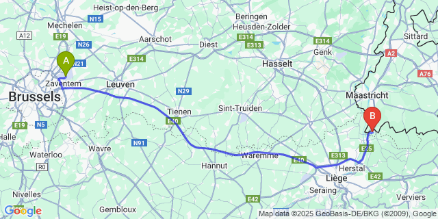 Map: Brussels Zaventem Airport (BRU) to Moelingen