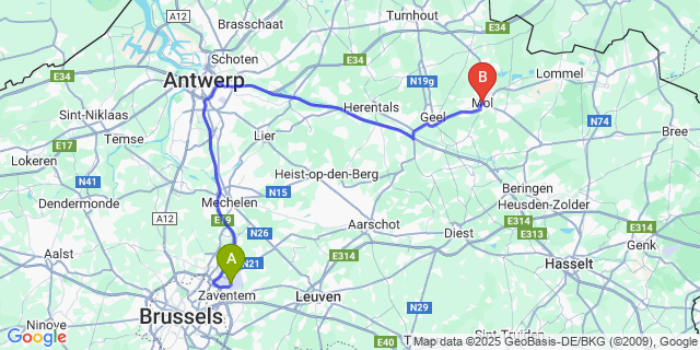 Map: Brussels Zaventem Airport (BRU) to Mol