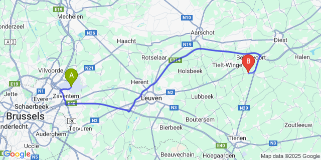 Map: Brussels Zaventem Airport (BRU) to Molebeek-Wersbeek