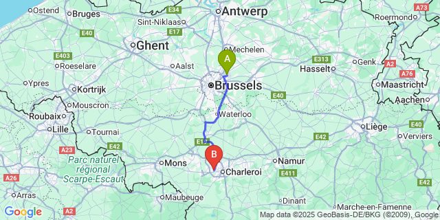 Map: Brussels Zaventem Airport (BRU) to Monceau-Sur-Sambre