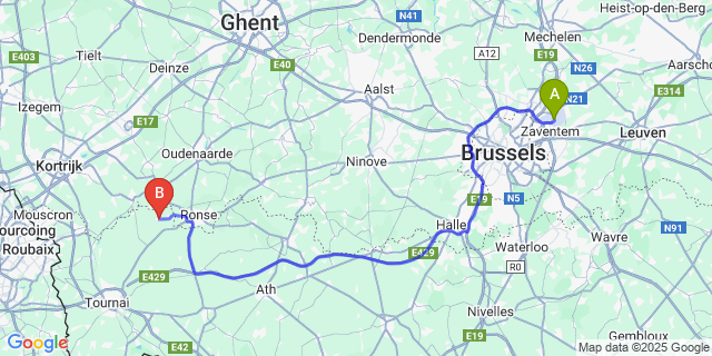 Map: Brussels Zaventem Airport (BRU) to Mont-de-l’Enclus
