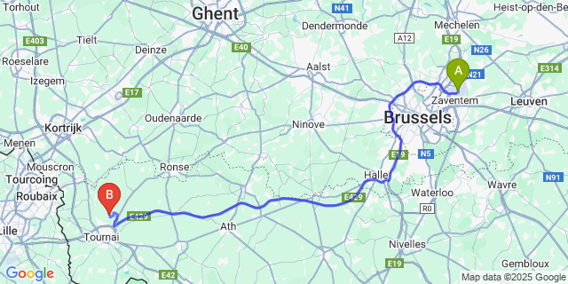 Map: Brussels Zaventem Airport (BRU) to Mont-Saint-Aubert