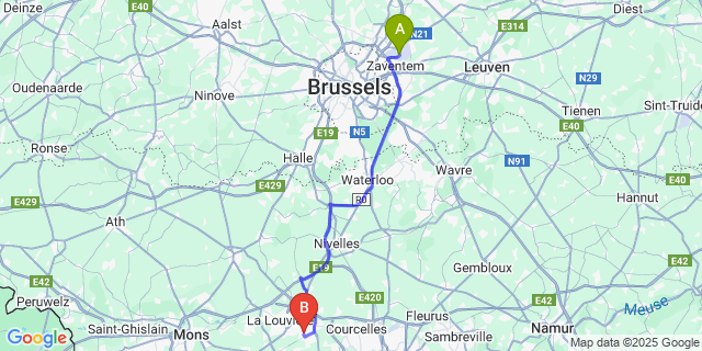 Map: Brussels Zaventem Airport (BRU) to Morlanwelz