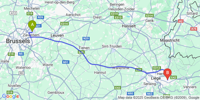 Map: Brussels Zaventem Airport (BRU) to Moulins-sous-Fleron