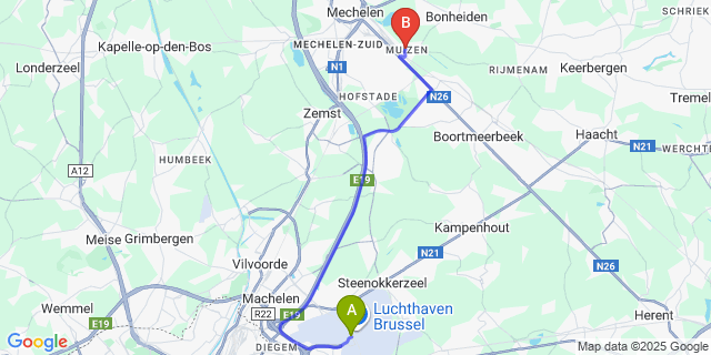 Map: Brussels Zaventem Airport (BRU) to Muizen