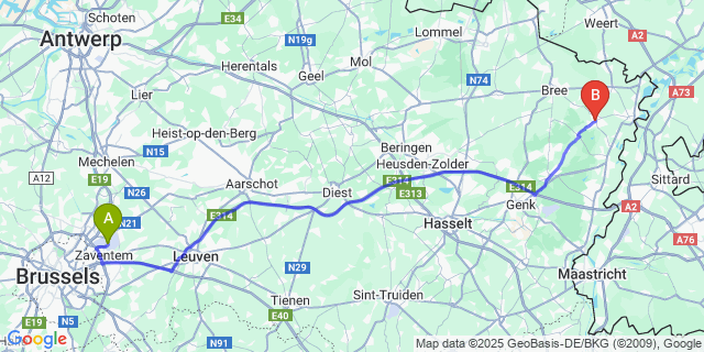 Map: Brussels Zaventem Airport (BRU) to Neeroeteren