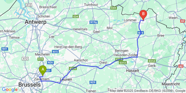 Map: Brussels Zaventem Airport (BRU) to Neerpelt