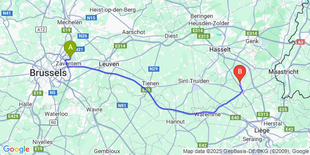 Map: Brussels Zaventem Airport (BRU) to Neerrepen