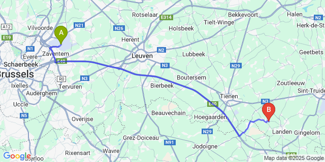 Map: Brussels Zaventem Airport (BRU) to Neerwinden