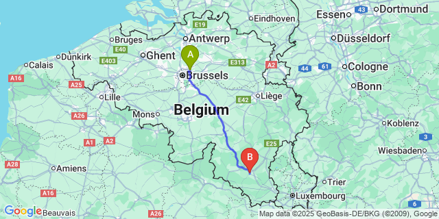 Map: Brussels Zaventem Airport (BRU) to Neufchâteau