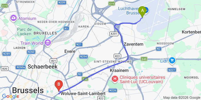 Map: Brussels Zaventem Airport (BRU) to Newton Boutique Hotel Residences, Brussels