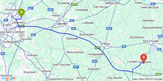 Map: Brussels Zaventem Airport (BRU) to Niel-bij-St-Truiden