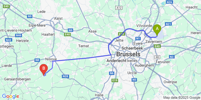 Map: Brussels Zaventem Airport (BRU) to Nieuwenhove